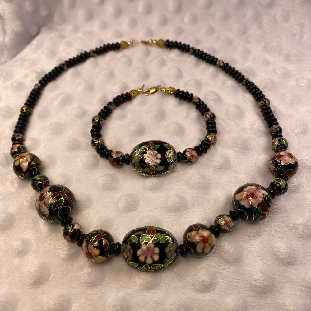 Vintage Cloisonné Floral Necklace and Bracelet Set